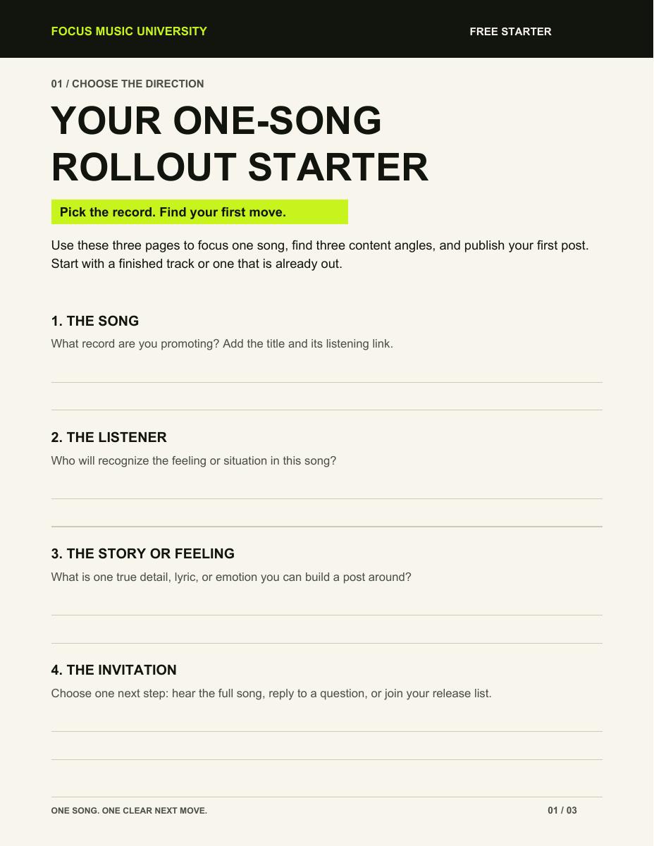 First page of the actual One-Song Rollout Starter, with song, listener, story, and invitation worksheets